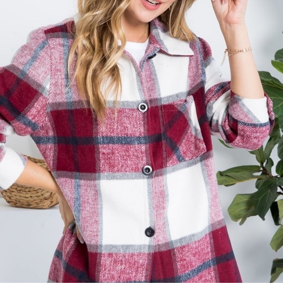 Burgundy Black Gray Cream Plaid Button-Up Shacket - Picture 6 of 9